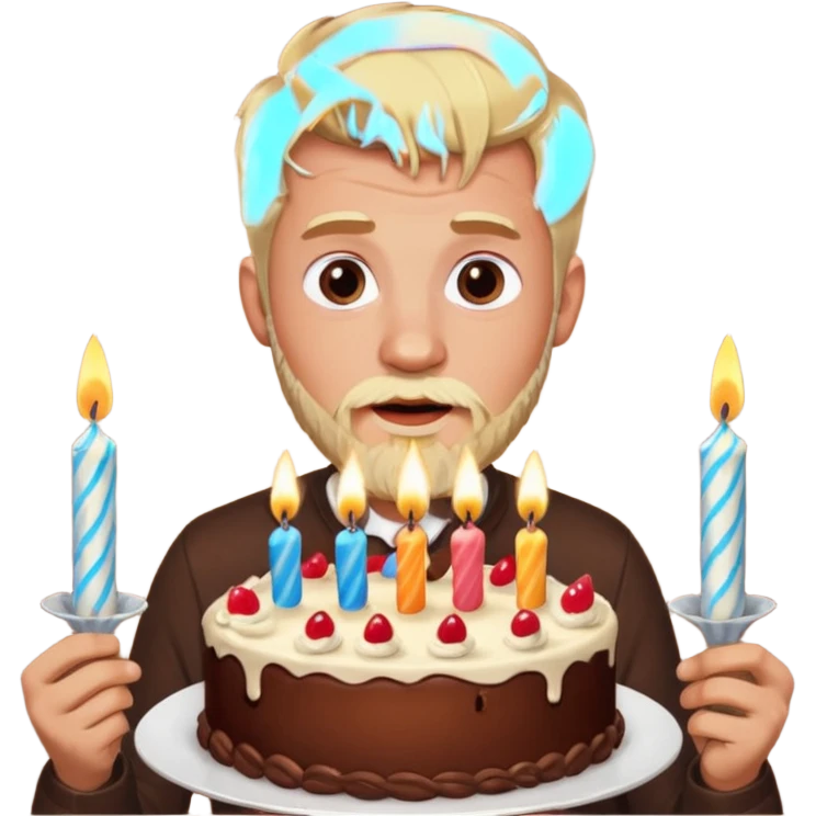 chocolate birthday cake with eyes and thin candles and blond beard emoji