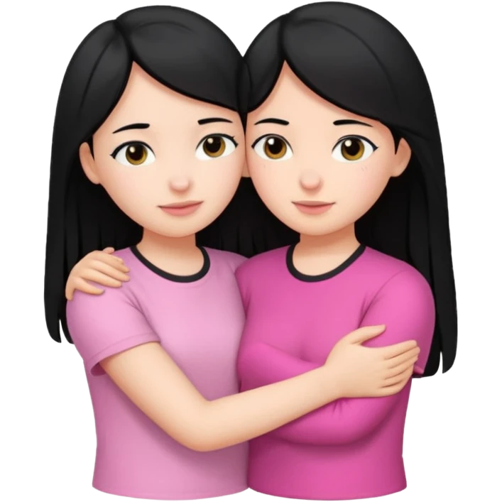 Two girls with black hair, one wearing white shirt and the other is pink shirt, hugging each other emoji