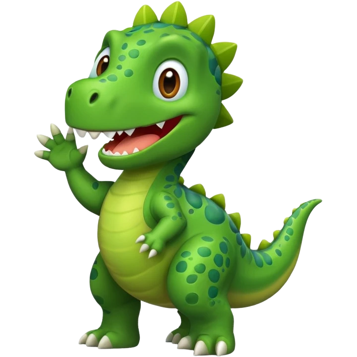 A friendly cartoon dinosaur waving hello emoji