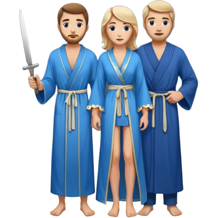 An upright Europe (a tall woman), wearing a blue, flowing robe with stars on the hem. In the background stands a man, with a knife
He has to stand behind her. the top of the knife to her back emoji