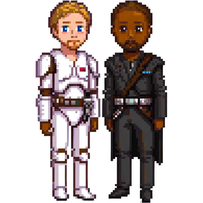 Neger meeting Ryan Gosling in a Star Wars costume with simple background in pixel art style emoji