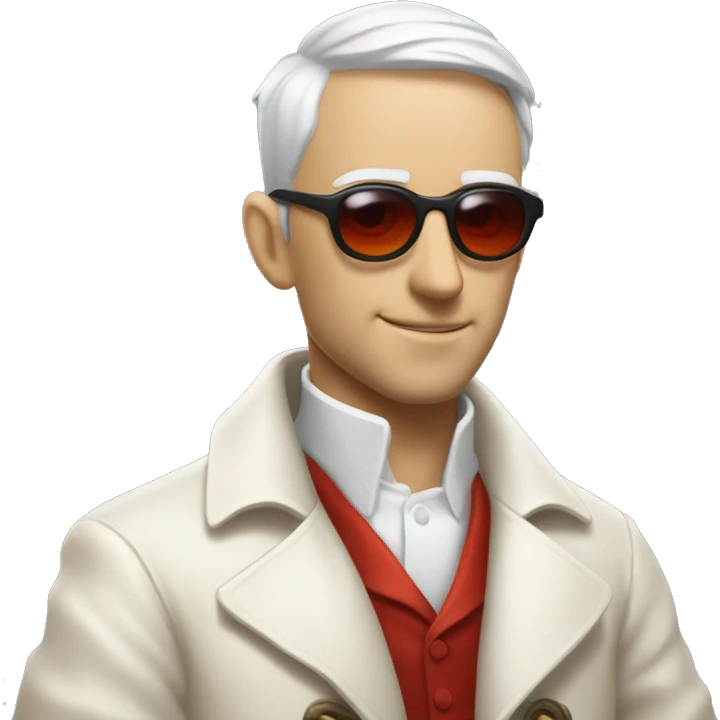 <excerpt>
A white man with real short hair, short mutton shops donning small red tinted sun glasses in a dirty white trench coat, is an alchemist.
</excerpt> emoji