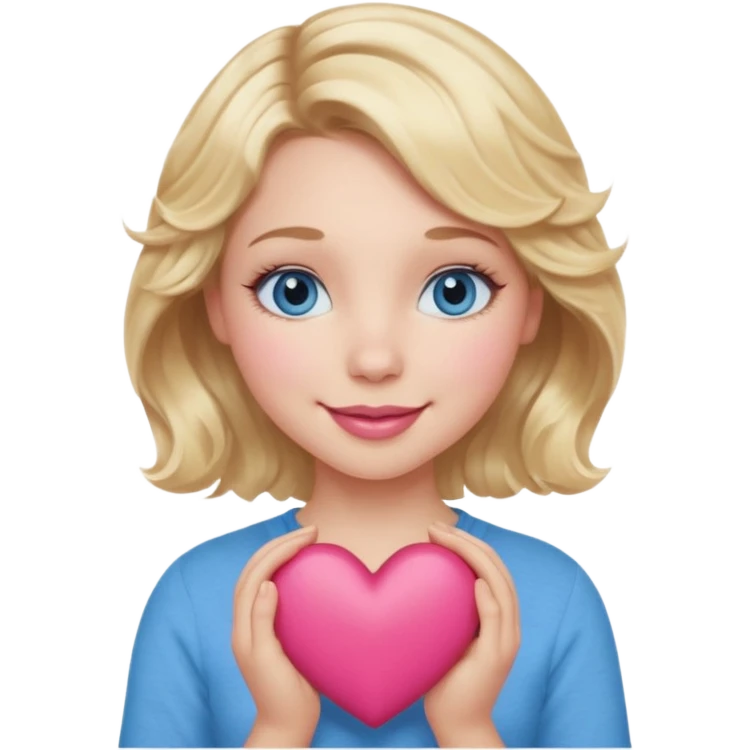 Girl Blonde short wavy hair,  blue eyes, cute blue top, long lashes, pink lips, smiling, holding a big heart emoji