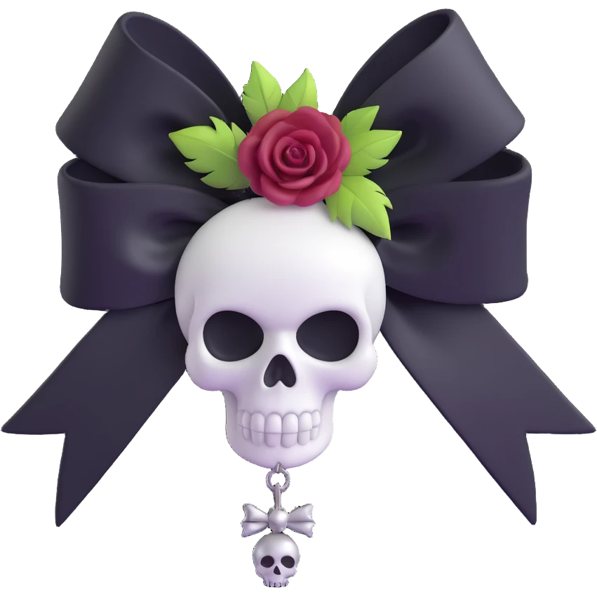3D emoji gothic bow, white satin, silver skull charm, black rose center, feather accents emoji