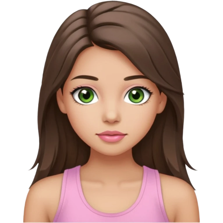 Create a teen girl wearing a light pink tank top. She will have long brunette hair, tan skin, pink lips, and grey-green eyes. She has long eyelashes. emoji