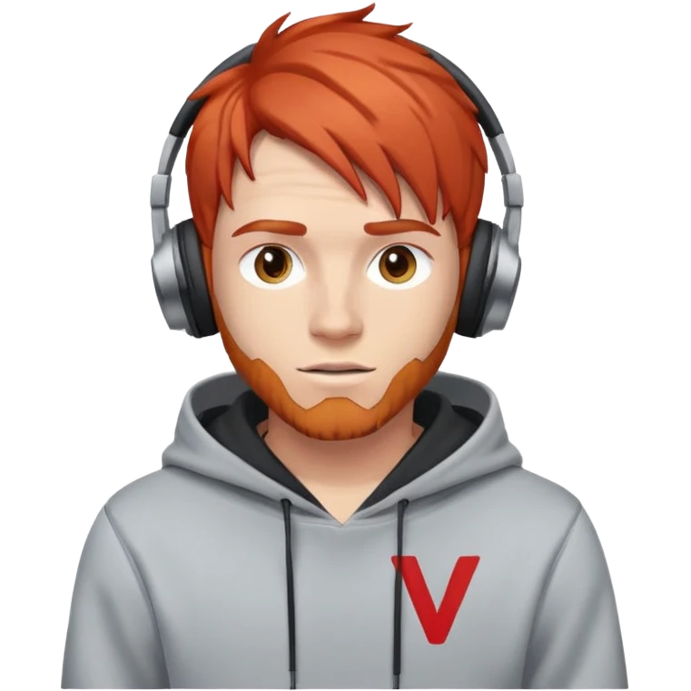 red-haired male with headphones, wearing a hoodie with 'woojuo' letter print on the chest, confident expression, emoji style emoji