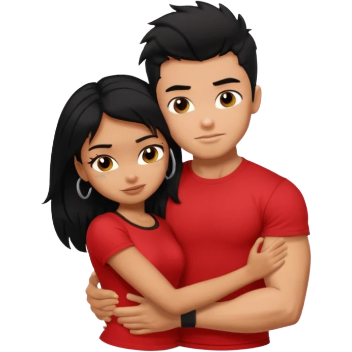 generate a pretty tan bratz boy hugging a fair black haired gf. The guy has black messy hair, lean but muscled and wearing a red tshirt emoji