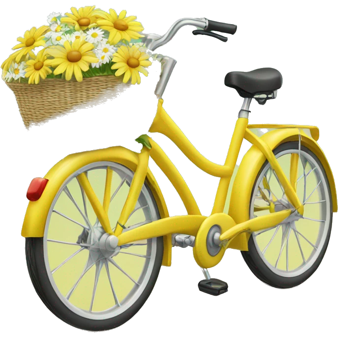 Yellow beach style bicycle with basket full of daisies emoji