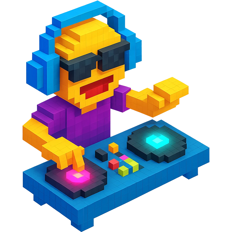 DJ mixing records with glowing turntables and a dynamic pose emoji