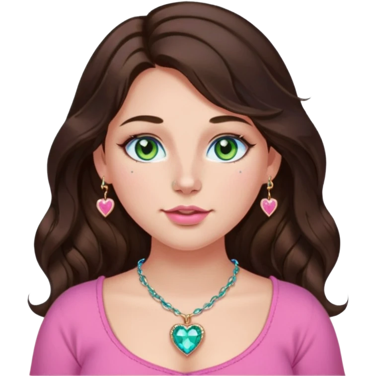 Girl girl long wavy dark brown hair with middle part, green/blue/gold eyes, plus size, pink girly top, right nostril rose gold nose ring, pink heart crystal necklace  emoji