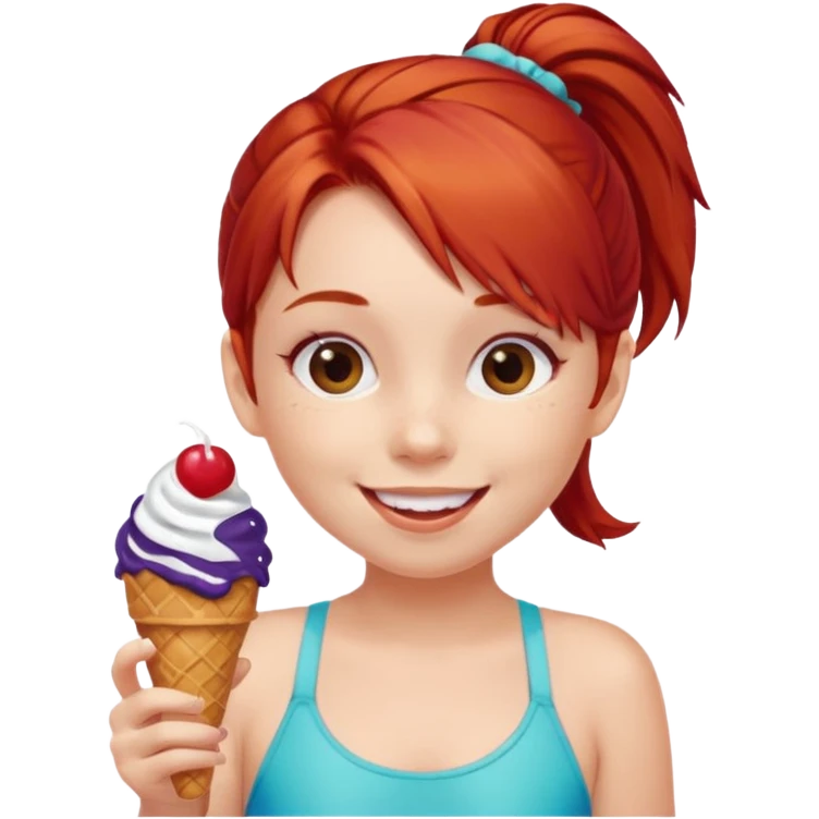 girl kid red haired swimsuit, eating ice cream, ponytail emoji