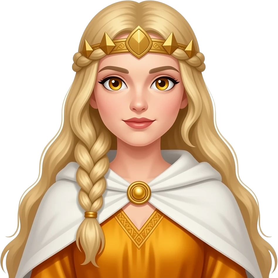 Freya from Norse Mythology with amber eyes, long golden blonde braided crown hair, amber gown, white cloak emoji