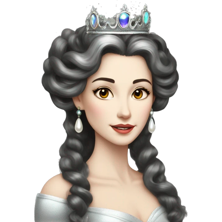 Regal pretty slender middle age woman photograph defined cheekbones high cheekbones crown vintage with very long iridescent black and silver hair wavy long hair pearl crown iridescent emoji