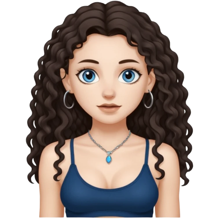white girl, dark brown long slightly curly hair , skinni but with big breast , septum piercing on nose, beautiful dark gray-blue eyes, showing her toes , emoji