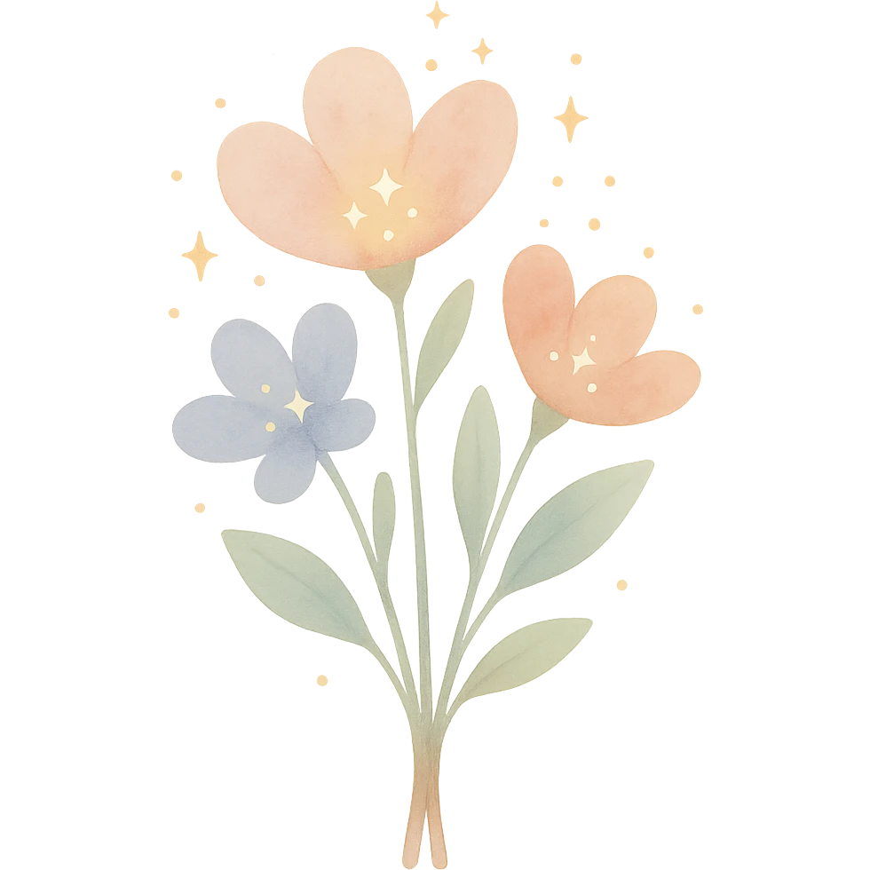watercolor art illustration of a magical bouquet with glowing flowers, calm pastel colors, white background, designed for sticker printing emoji