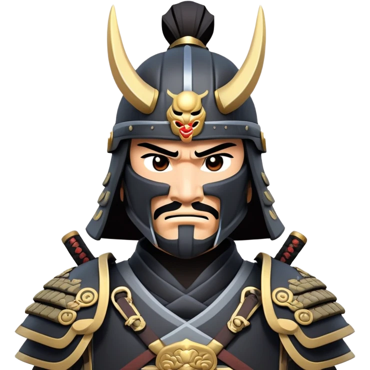 clash-of-clans-aesthetic_-cinematic-fearsome-and-majestic-samurai-bust-portrait-emoji, rendered in a flat, vector-style with minimal shading and bold, simplified shapes typical of emoji art, depicting a battle-hardened samurai with black mask and traditional black Japanese armor. The samurai is riding a noble grey warhorse adorned with an intricately designed saddle and fluttering banners and a rising sun. a samurai riding on a  horse zoomed in emoji