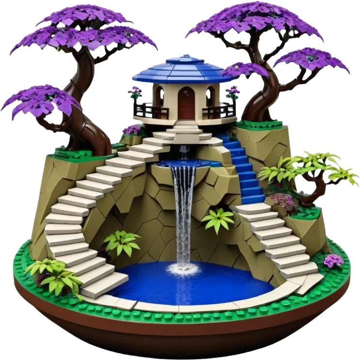 Alien saucer house jungle-vines Lego precarious narrow stairway fountain mountain-island landscape antique mudman very old broken cracked intricate Stone Age lapis-crusted irregular dodecagon-shaped shallow dark moss rough bark violet serissa flowered maple tree bonsai pot emoji