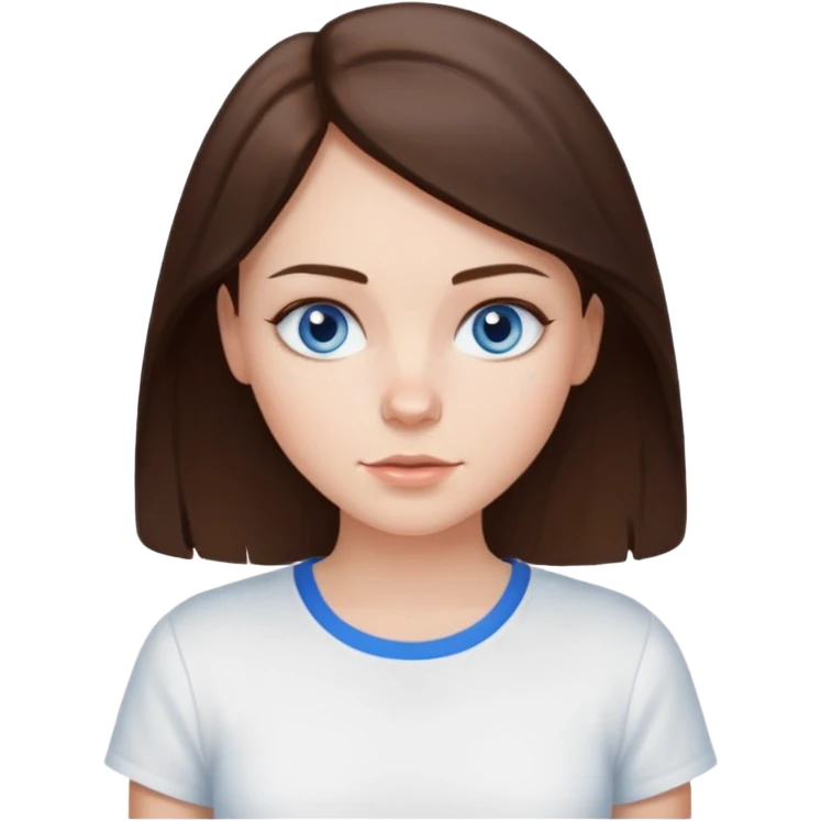 Create an emoji of a white Girl with brunette hair blue eyes faint freckles and hair to her shoulders wearing a white shirt emoji