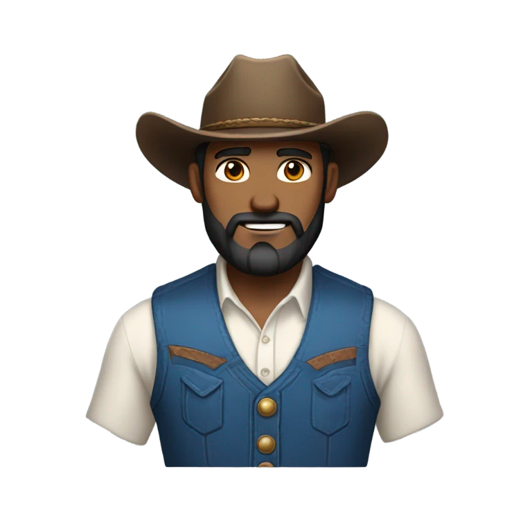 a rugged cowboy with a thick beard, wearing a blue vest over a classic western shirt. He should have a confident stance, showing full torso emoji