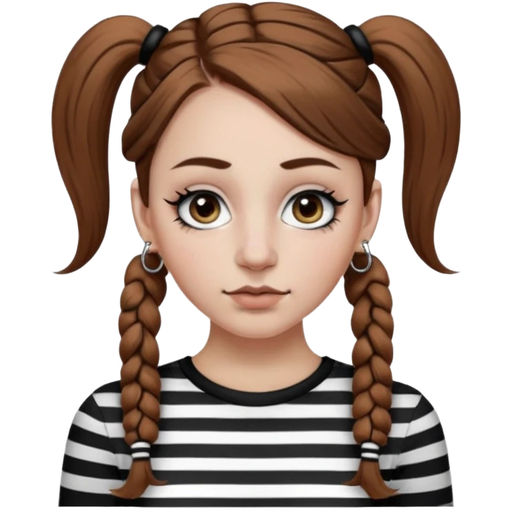a white girl with brown hair in very low pigtails black eyeliner big false eyelashes with a septum piercing nose piercing big hoop earings dermals close to the eyes one on each side wearing a black and white striped long sleeve shirt emoji