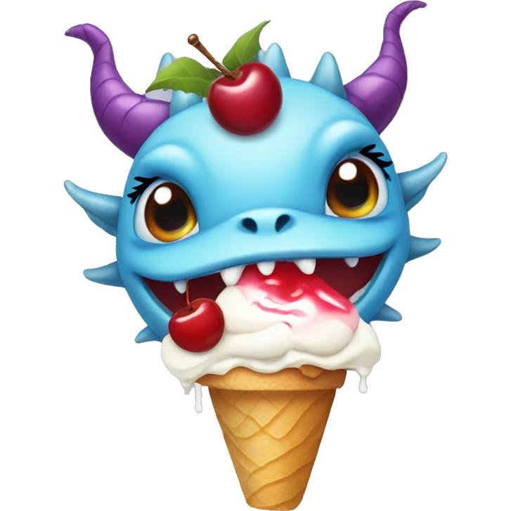 Dragon with ice cream and a cherry on her head and big eyelashes emoji