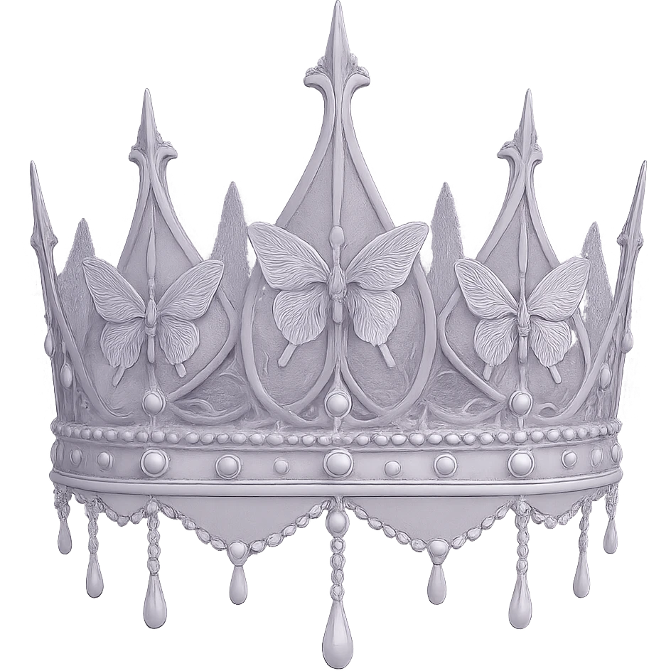 gothic crown in pale lavender with pearl accents and butterfly motifs, soft and haunting emoji