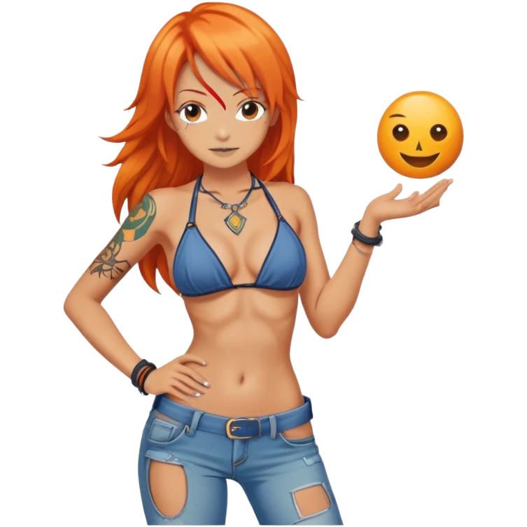 Nami with orange hair, wearing bikini top and jeans, with navigation tattoo emoji