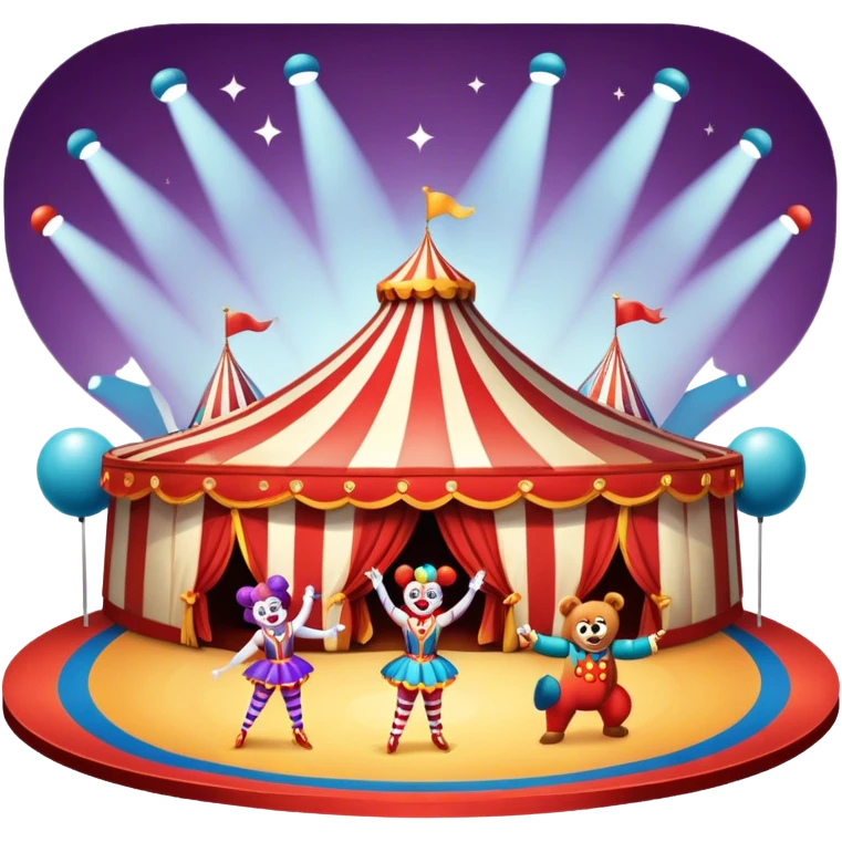 Icon for Circus Arts: a grand vibrant circus arena with girls acrobats, a clown, and performing bears. The icon should capture the excitement and energy of the circus, with colorful costumes and a lively atmosphere. Transparent background. emoji