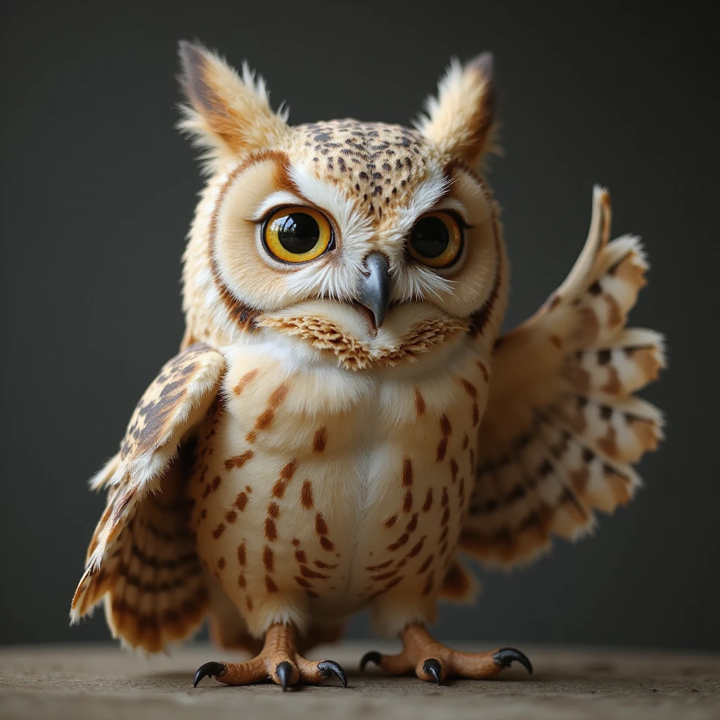 photorealistic owl with intelligent eyes, smiling and making the saranghae sign with its wing, detailed feathers, lifelike expression emoji