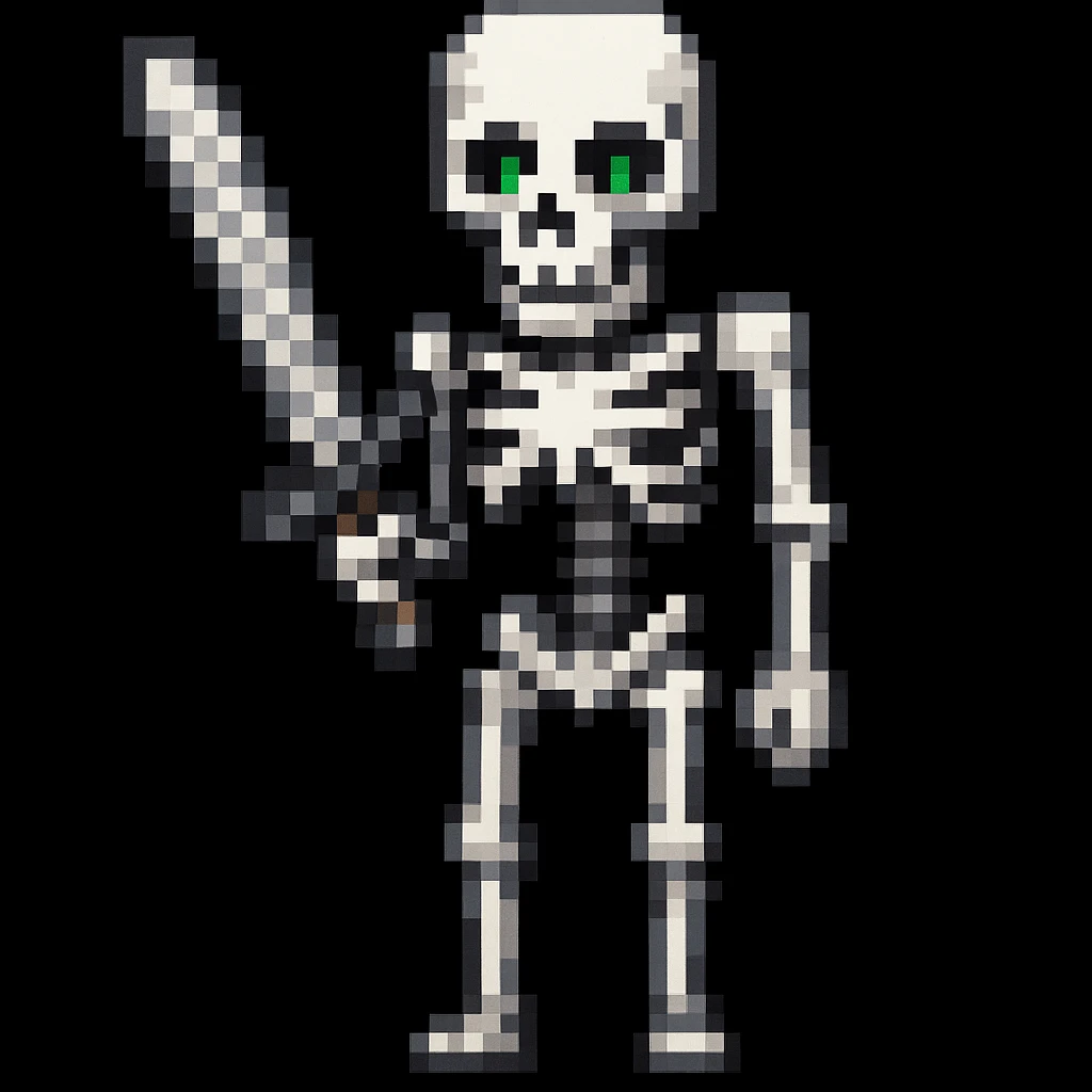 Make the Minecraft skeleton hold a sword in the pixel art style emoji