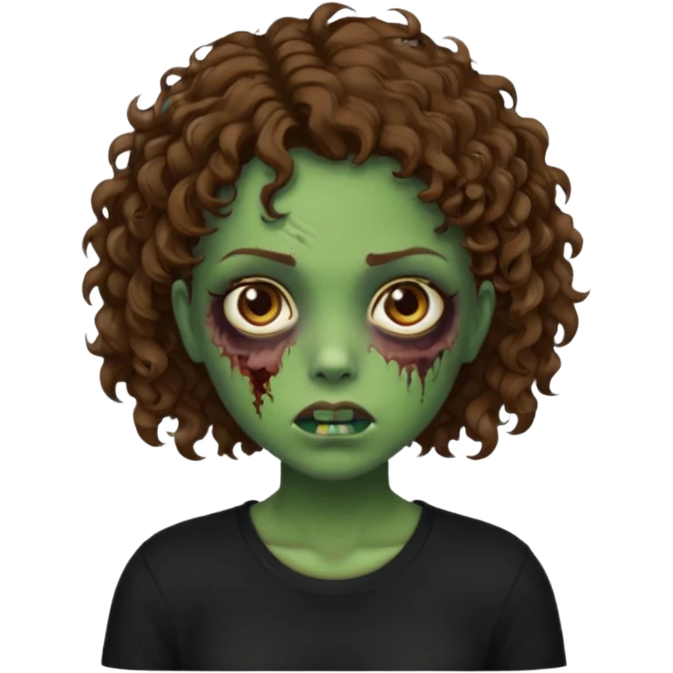 Zombie girl emoji verde com cabelo curto cacheado castanho no ombro com uma blusa preta emoji