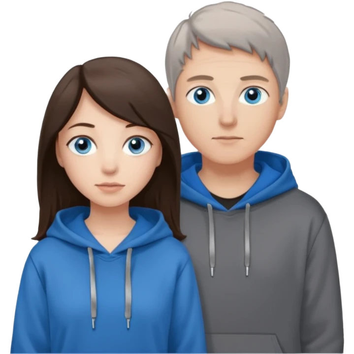 Brunette, blue eyes, hoodie. Standing next to, blue eyes, ash hair, hoodie emoji