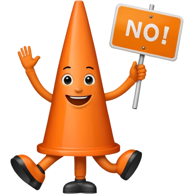 orange traffic cone with three legs dancing with sign in his hand saying “No a i” emoji
