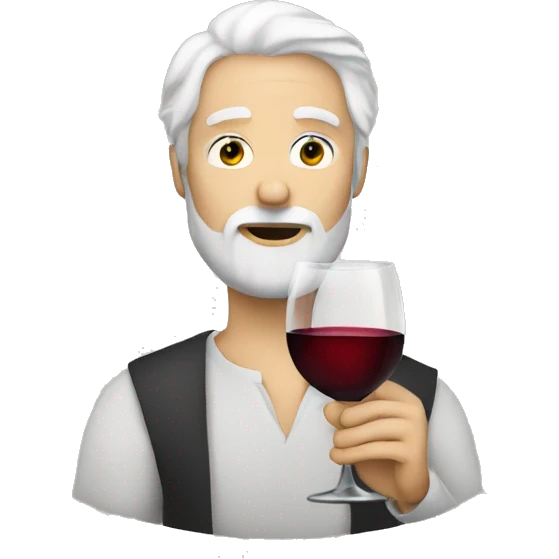 a man with white hair and a beard drinking a glas of wine staring emoji