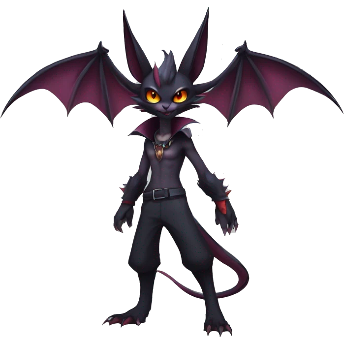  Anthro Kawaii Edgy Cool Vampiric Demonic Beautiful Noivern-Nargacuga-Litten with big Bat Ears and wearing a cap and collar e full body emoji