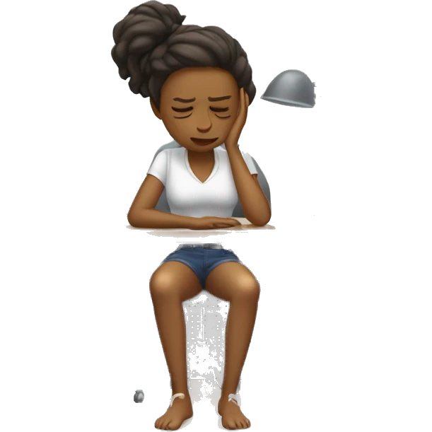 full body girl sitting at her desk with her hands on her head, she is visibly stressed from the computer in front of her emoji