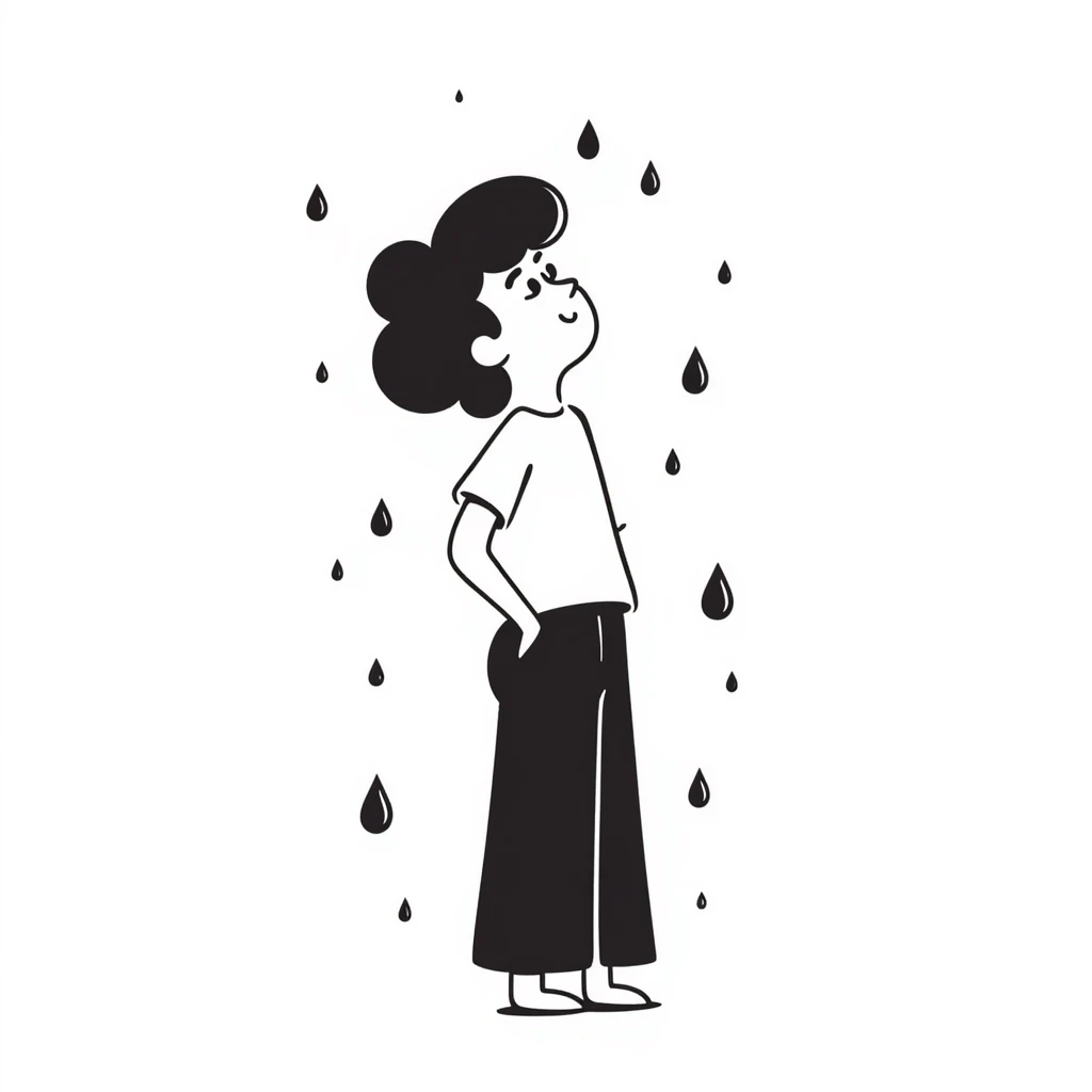 Lonely boy standing in the rain, raindrops falling around him emoji