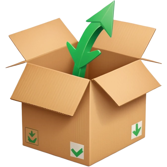 closed cardboard box with a circular arrow and a green checkmark inside the arrow, positioned above the box in the upper right corner emoji