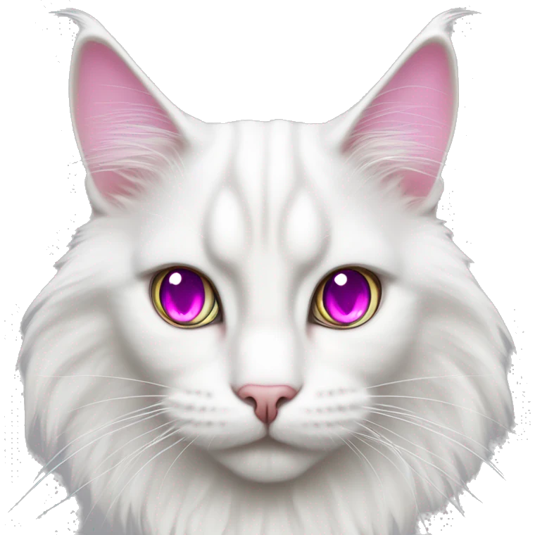 white Maine Coon cat with magenta eyes and big eyelashes emoji