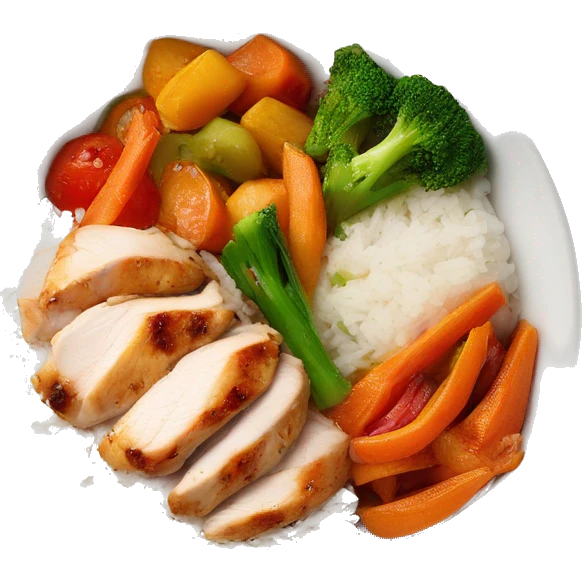 chicken breast and veggies with rice bowl with sauce emoji
