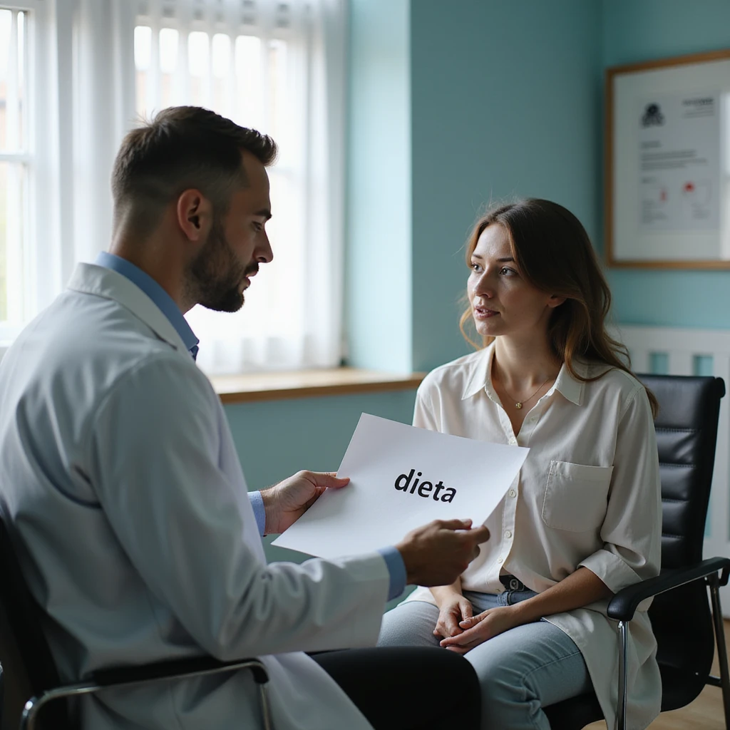 hyperrealistic 4K medical office scene with a male nutritionist in a white coat handing a sheet with the word 'dieta' to a seated female patient, variation 8 emoji