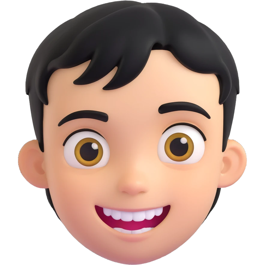 floating head of a boy with short black hair, dark eyebrows, mischievous smile showing gold teeth or grillz, smooth cartoon style, emoji aesthetic, simple background, centered face, expressive eyes emoji