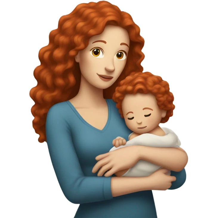 white woman long red curly hair holding bald infant emoji