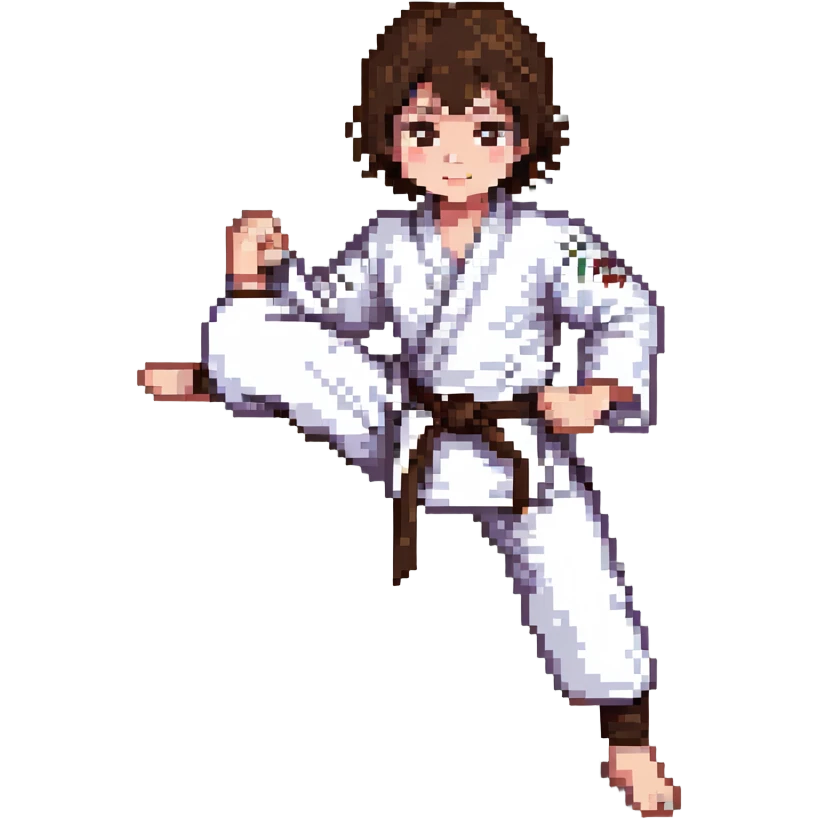 white skin adolescent with very short brown hair and brown eyes practicing martial arts emoji