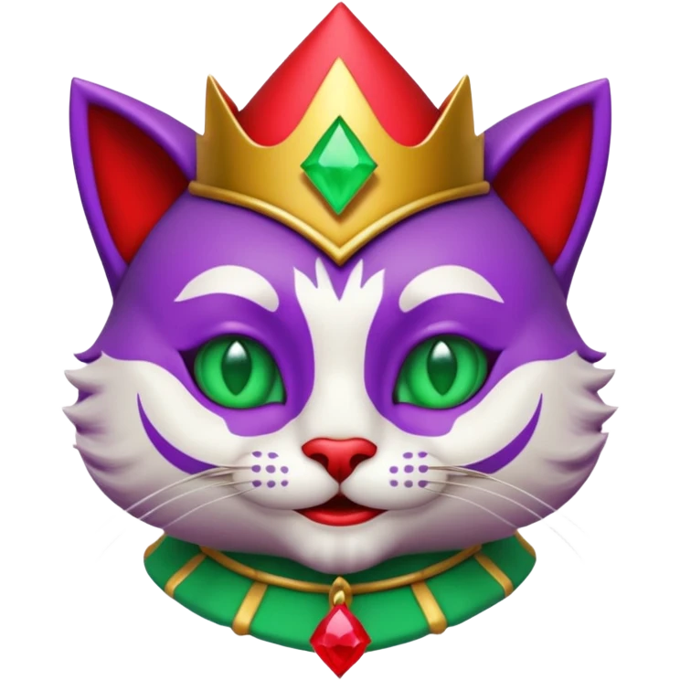 crazy colorful cute little cat jolly joker from poker, medieval, vintage, court jester, mac os icon, purple, gold and red color, half body, emerald green ice eyes. Squared shape as 3D mac os icon, symmetrical emoji