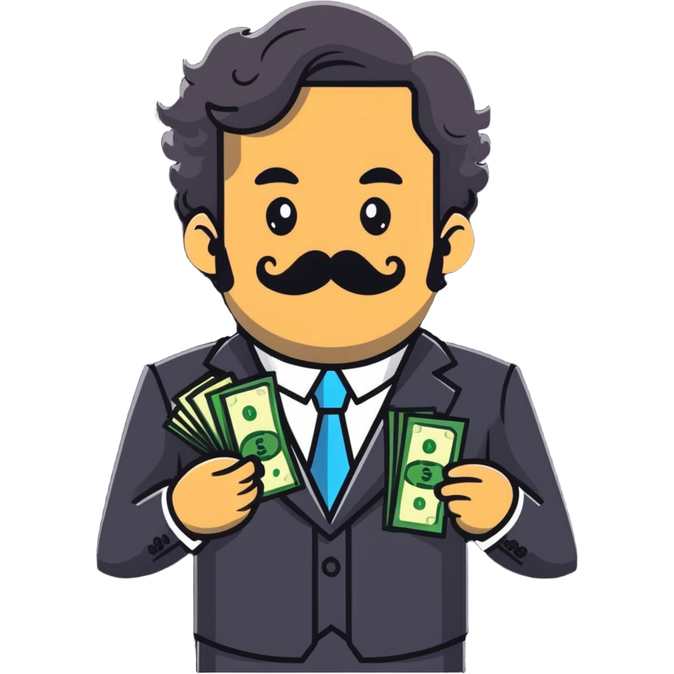 Finance broker with enormous curly mustache, business suit, dollar sign eyes, holding money emoji