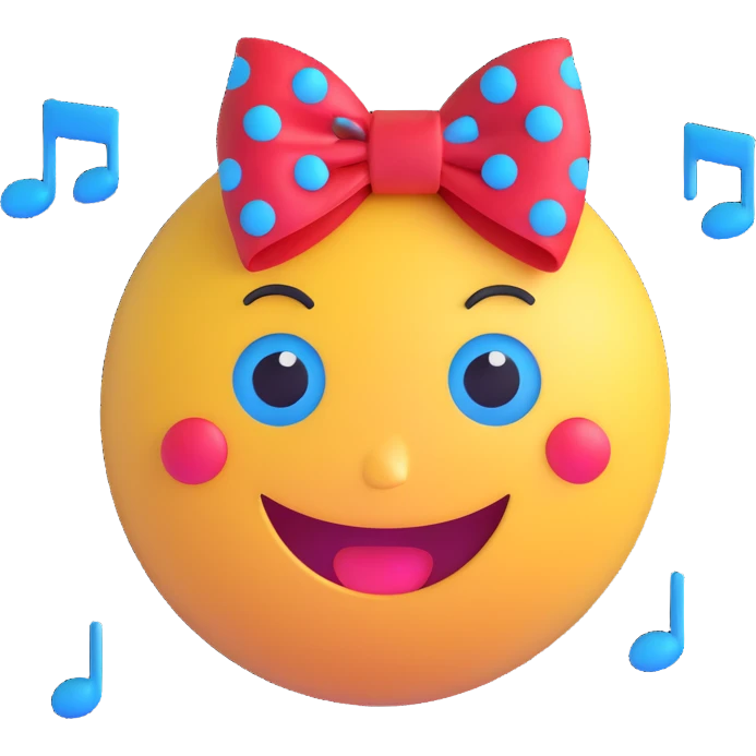 3D smiley emoji, large eyelashes, red polka dot bow, playful, winking, blue eyes, musical notes emoji