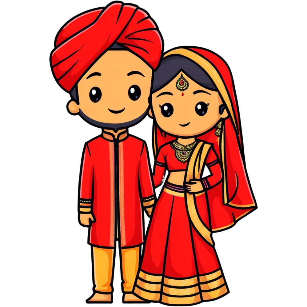 Indian bride and groom on their wedding day, bride in decorative red wedding outfit with gold details, groom in elegant sherwani, both fair-skinned, groom has no facial hair emoji