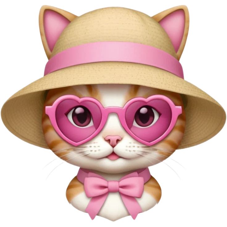 Cat wearing pink love heart sunglasses wearing beige sunhat with pink ribbon coquette  emoji