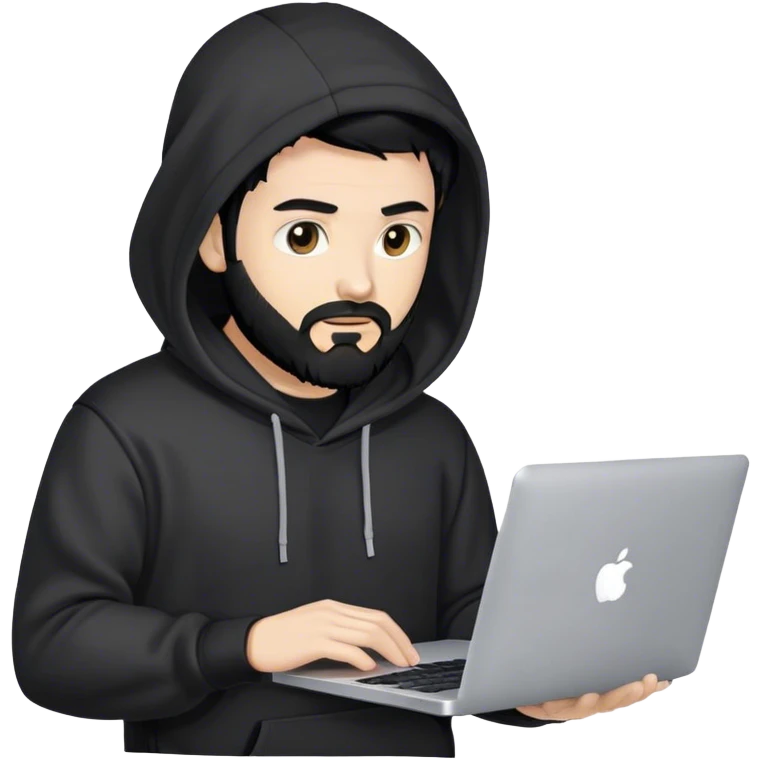 hackeur blanc cheveux noir barbe et capuche noir avec un macbook emoji